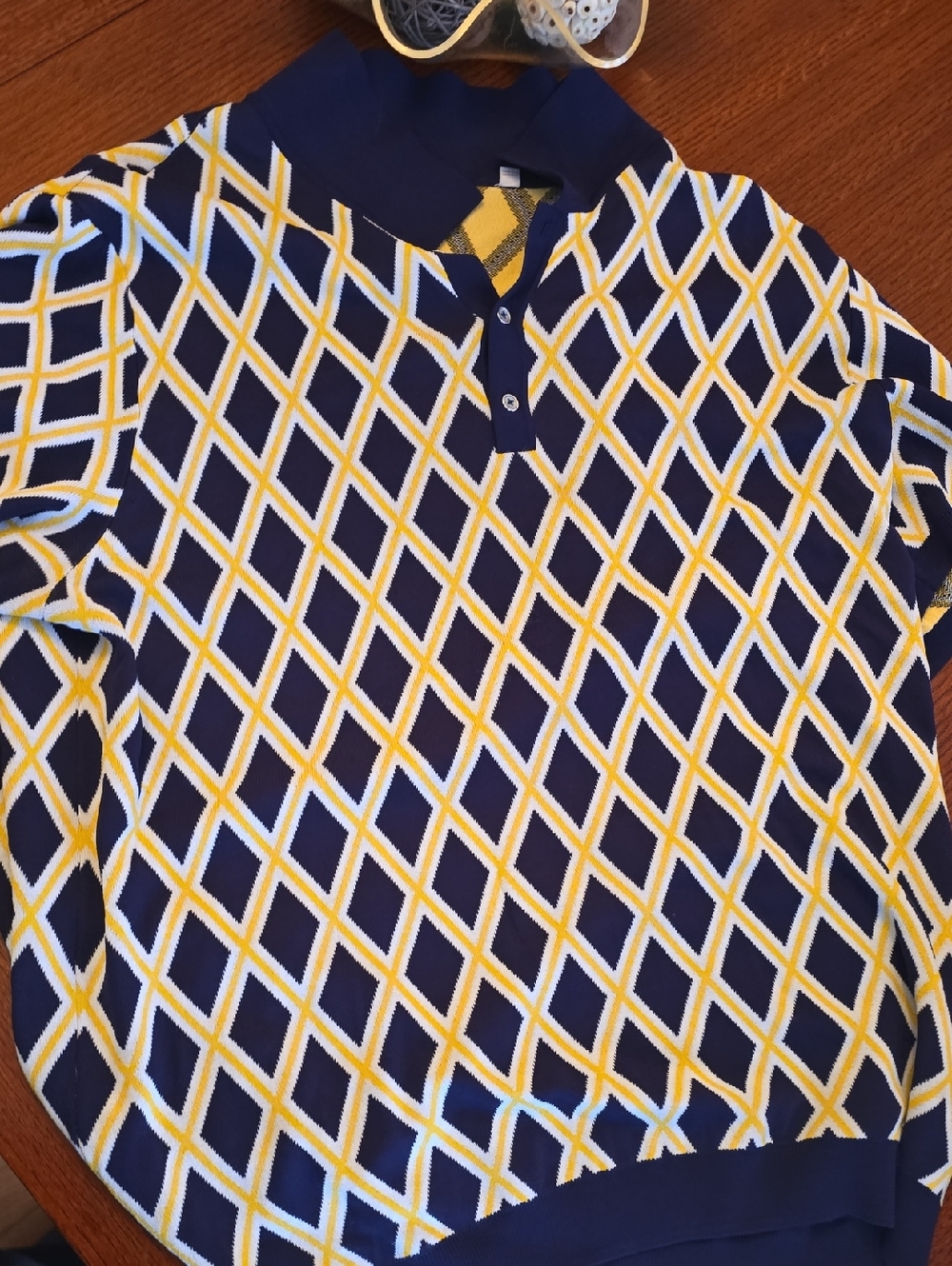Navy & Yellow Diamond Pattern Polo Sweater
